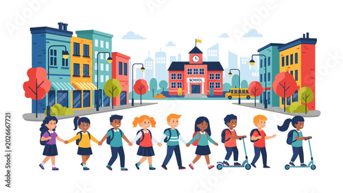 Tableau sur toile School Day Parade: A vibrant procession of diverse schoolchildren, holding hands and riding scooters, head towards a charming school building nestled in a colorful urban landscape