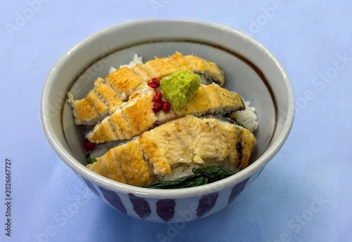 鰻の白焼出汁茶漬けをわさび添えで味わう和食料理