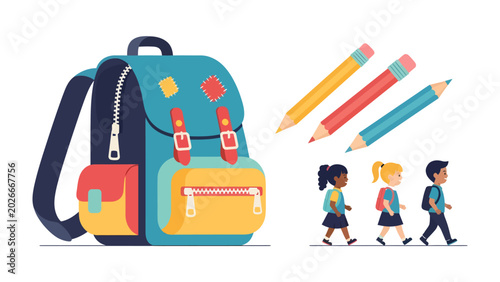 Tableau sur toile School Backpack and Supplies: A colorful school backpack sits next to writing implements and three diverse schoolchildren walking with their own bags, symbolizing the start of education and learning