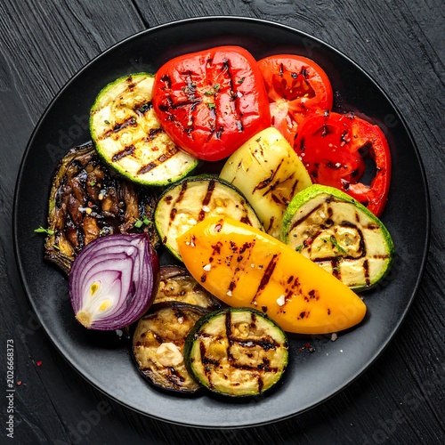 Grilled vegetable assortment on black plate overhead shot for culinary themes