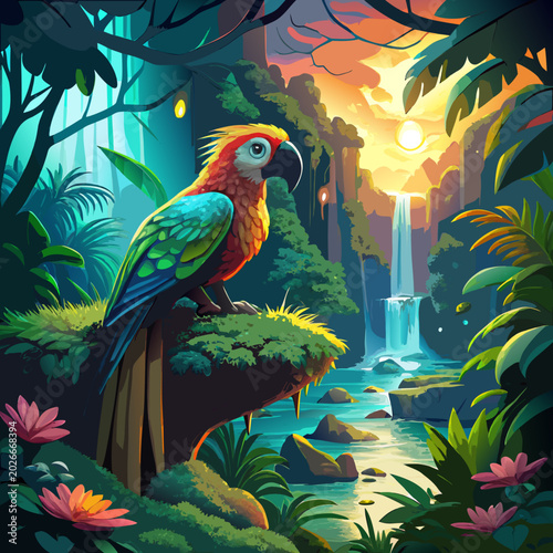 vector illustration of  parrot on a branch