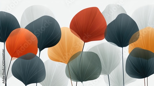 Abstract floral background with multi colored leaves featuring soft gradient textures and minimalist contemporary graphic design style