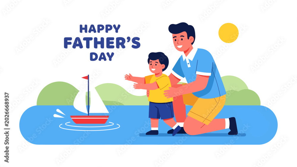 Obraz premium Happy Father's Day: A father and son celebrate Father's Day by watching a sailboat on the water, enjoying a sunny day together.
