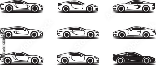 Cuadro en lienzo Sports Car Side View Outline Vectors Set: Minimalist Line Art Icons Pack of Raci