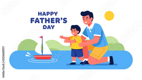 Happy Father's Day: A father and son celebrate Father's Day by watching a sailboat on the water, enjoying a sunny day together.