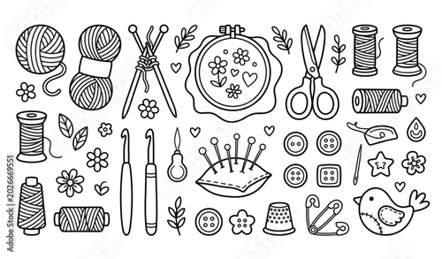 Foto Needlework tool kit coloring book vector with yarn needles hoops and scissors