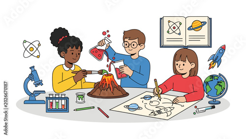 Φωτογραφία Curiosity Unleashed: Young minds ignite with discovery as three diverse children engage in a hands-on science experiment, exploring volcanology, astronomy, and chemistry