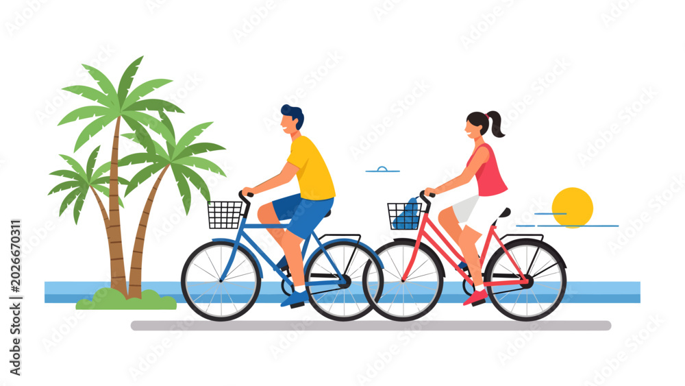 Fototapeta premium Tropical Bicycle Ride: A couple enjoys a scenic bicycle ride along a tropical coastline, with palm trees swaying and the sun shining brightly over the ocean.