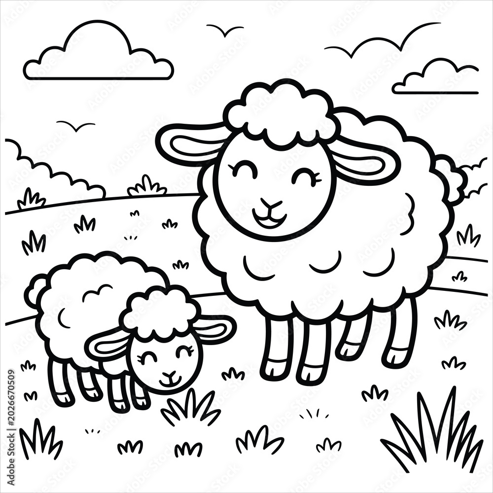 Obraz premium Cute Cartoon Sheep and Lamb in Field Line Art Baby Animals Farm Life Simple Illustration