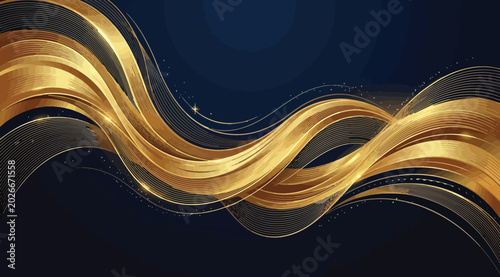 Bild auf Leinwand Abstract background with golden flowing lines and sparkles on dark blue