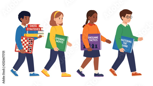 Fotografie Young Chess Enthusiasts Learning: A group of diverse children confidently walk forward, carrying chess books and boards, embodying a passion for the game and the pursuit of knowledge