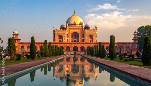 A majestic building with a large dome and reflection pool