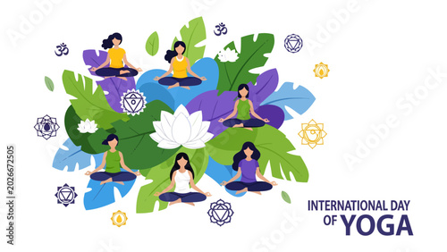Photography Yoga for Inner Peace: Six women practice meditative yoga poses surrounded by lush green leaves and vibrant lotus flowers