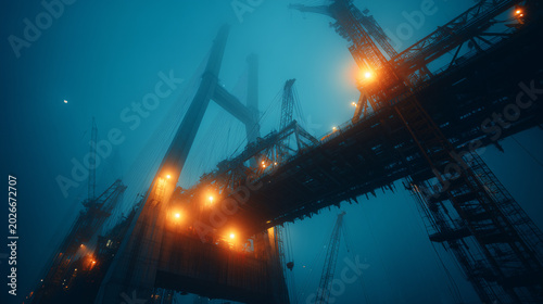 Construction site with towering cranes and illuminated framework at night