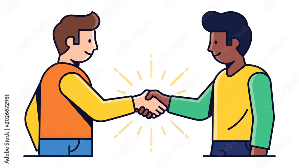 Fototapeta premium Handshake Agreement: Two individuals, diverse in appearance, seal a deal with a firm handshake, surrounded by radiating lines symbolizing trust and a successful partnership.