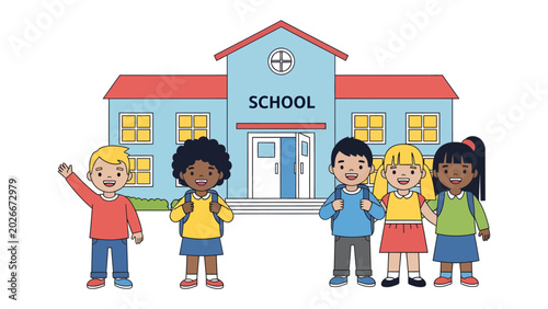 Quadro em tela Back to School Excitement: A group of diverse children with backpacks stands in front of a colorful school building, eager for a new academic year filled with learning and friendship