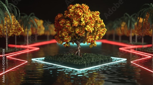 Vibrant Firewall Tree with Glowing Base on Reflective Water Surface in Cyberpunk Style Night Scene