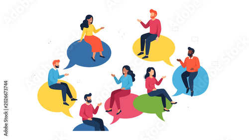 Tableau sur toile Group Discussion: Diverse individuals engage in lively conversation, seated on colorful speech bubbles, symbolizing communication and idea exchange