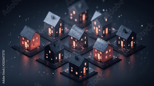 Miniature Model of Residential Neighborhood with Illuminated Houses and Dark Evening Sky