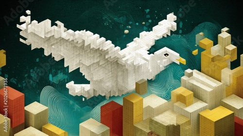Digital Illustration of a Serene White Dove Flying Over Abstract Cityscape with Geometric Blocks