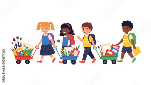 Konstfotografi School Days Parade: A vibrant procession of diverse schoolchildren, each pulling a wagon filled with educational supplies and art materials, marches forward with enthusiasm