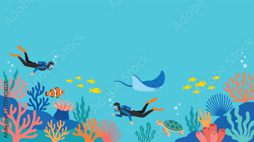 Diver Swimming with Giant Manta Ray in Turquoise Blue Ocean
