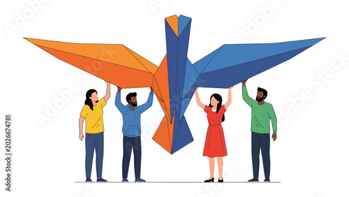 Fotografija Diversity and Unity Symbol: A group of diverse individuals collaboratively hold aloft a large, colorful origami bird, symbolizing peace, hope, and collective achievement