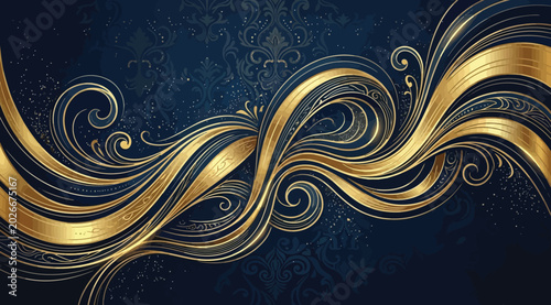 Elegant golden ornamental swirls on dark blue damask background