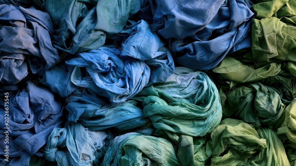Obraz premium Blue-green shirts, wet and ready for cleaning, seen from above.