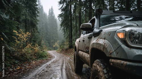 Off-Road Adventure Vehicle Driving Through Forest Muddy Trail in Nature