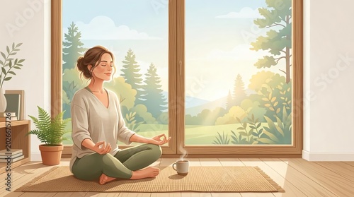 Peaceful Woman Meditating in Cozy Room with Nature View