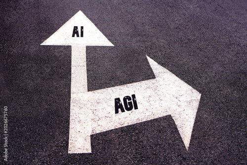 AI and AGI concepts. words written on a road sign with arrows indicating different paths indicating the disjunction between the two concepts.