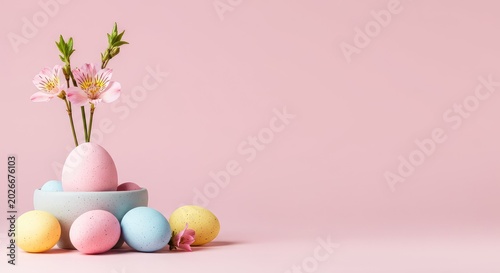 Delightful pastel spring holiday background featuring decorated eggs, fresh flowers, and copy space for seasonal greeting designs ,holiday ,festive ,fresh