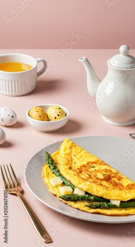 Delicious spring omelet served hot for Easter breakfast, filled with asparagus and cheese, placed on a pastel holiday table setting ,cuisine ,vegetable ,eating