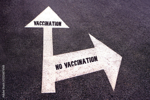 vaccination and no vaccination concepts. words written on a road sign with arrows indicating different paths indicating the disjunction between the two concepts.