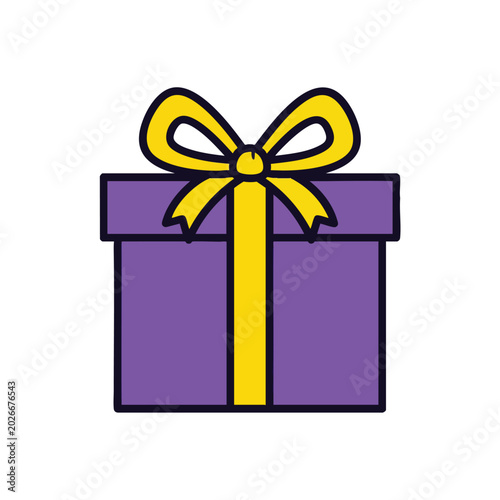 Purple gift box with a yellow ribbon and bow illustration.