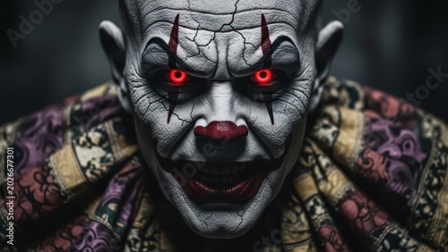 Unsettling Gaze: Portrait of a menacing clown with piercing red eyes and cracked makeup