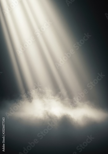 Ethereal volumetric light rays pierce through dense fog, suggesting a profound emergence and the deep mystery of abstract existence ,volumetric ,glow ,emerging