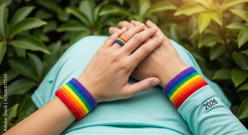 Fototapeta premium Hands adorned with rainbow ring and bracelet against lush green foliage, symbolizing pride, unity, and hope, with 