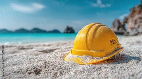 Yellow construction hard hat resting on a tropical sandy beach with turquoise ocean water.