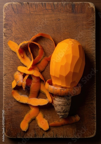 Freshly peeled orange root vegetable resting on a rustic wooden cutting board, highlighted by its bright color and discarded skins ,prep ,potato ,vegetarian