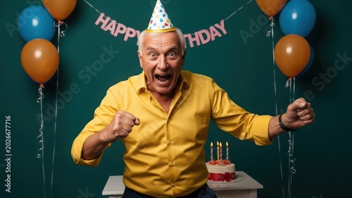 An Elderly Man Radiating Joyful Exuberance at His Birthday Celebration Full of Balloons and Cake