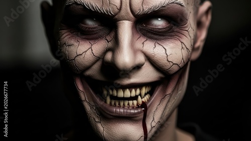 An Undead Being with a Sinister Smile and Cracked Skin Texture Emerging from Darkness
