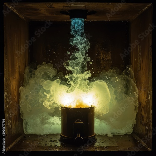 Highly volatile liquid chemicals reacting violently, stored inside a heavily rusted industrial container, emphasizing the intense danger of explosive fuel ,industrial ,hazardous ,fuel