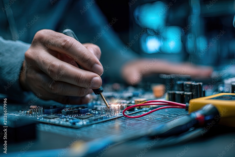 Fototapeta premium Close-up of hands soldering a complex circuit board with glowing solder