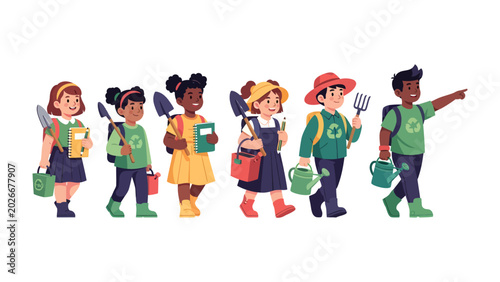 A Diverse Group of Children Embarking on a Gardening Adventure: A vibrant illustration depicts a group of ethnically diverse children, each equipped with gardening tools and backpacks.