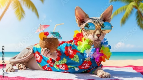 Sphynx cat enjoying a tropical getaway adorned with lei sunglasses and a coconut cocktail exudes