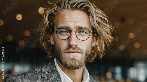Young man with wavy hair and glasses in a smart casual outfit in a modern office interior.