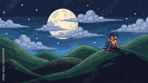 Pixelated nocturne solitude: A person amidst the hills beneath the lunar glow