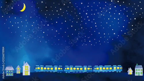 Fotografia 水彩風 かわいい星空と月と電車と家々のほのぼの夜景(16:9) Night view Series:A charming watercolor-style ni